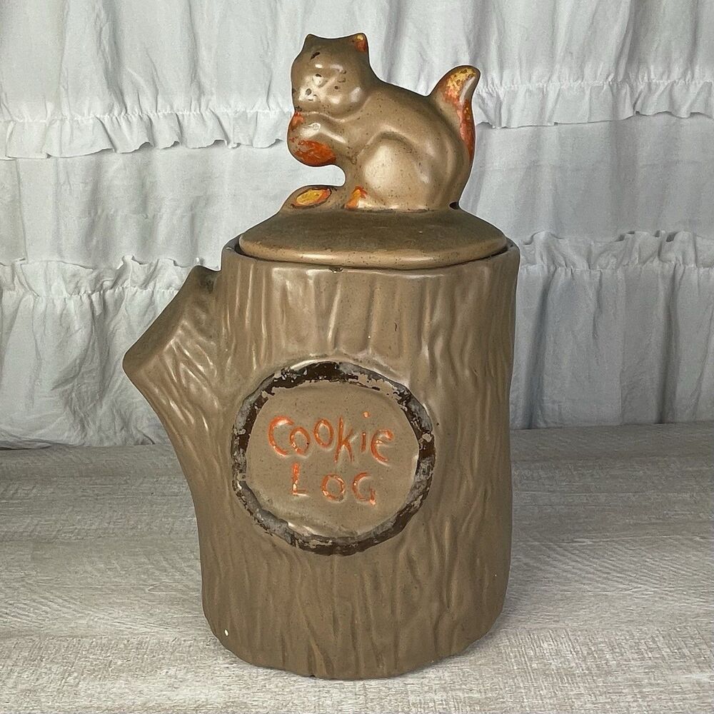 Vintage McCoy Cookie Jar Log Squirrel Cookie  Pottery Country Farmhouse Decor